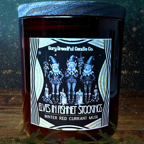 Elves in Fishnet Stockings Luxury Crackling Wooden Wick Candle: Red Currant Musk - Picture 5 of 9